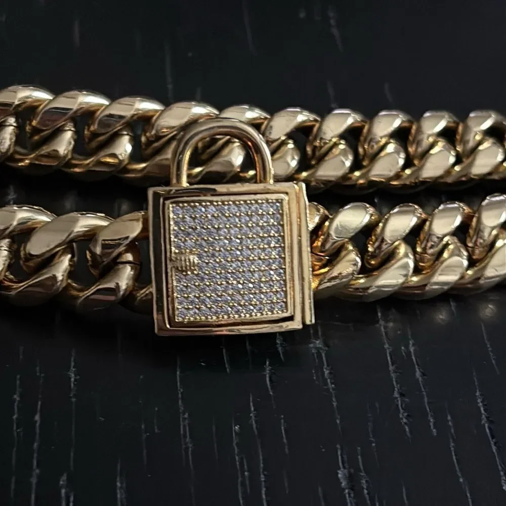 Dog Wide Cuban Link Stainless Pet Chain Gold Tone Collar Necklace Pet Accessory